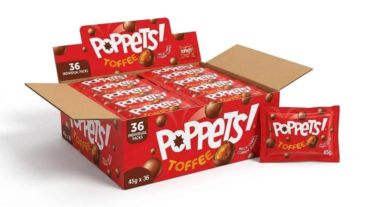 36 x 39g Poppets Chewy Toffee Box Covered in Milk Chocolate Bulk Sweets Full Box