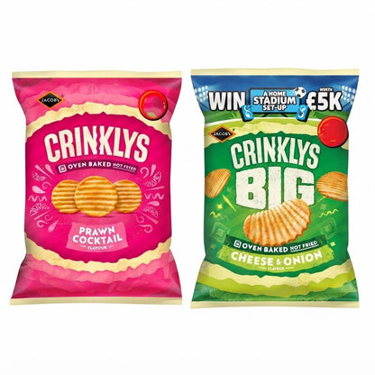 Jacob's Crinklys Big Crisps 90g x 15 | Cheese & Onion or Prawn Cocktail