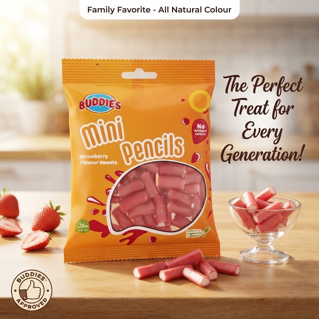 Buddies Mini Pencils Strawberry Sweets 160g | Halal & Vegan