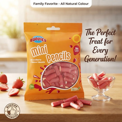 Buddies Mini Pencils Strawberry Sweets 160g | Halal & Vegan