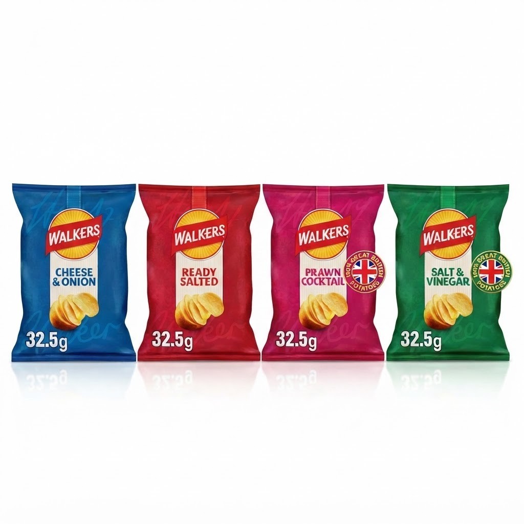 32.5g x 32 Pack Walkers Crisps Box - Cheese & Onion Salt & Vinegar Ready Salted