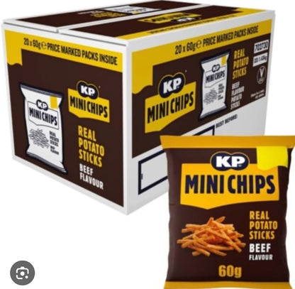 KP Mini Chips Beef Crisps 60g x 20 | Real Potato Snacks | Vegetarian