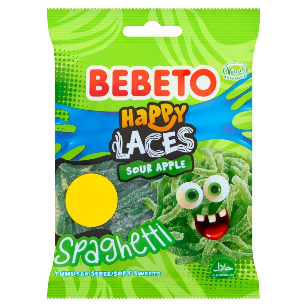 Bebeto Happy Laces Sour Apple Spaghetti 70g x 20 | Vegan Soft Sweets