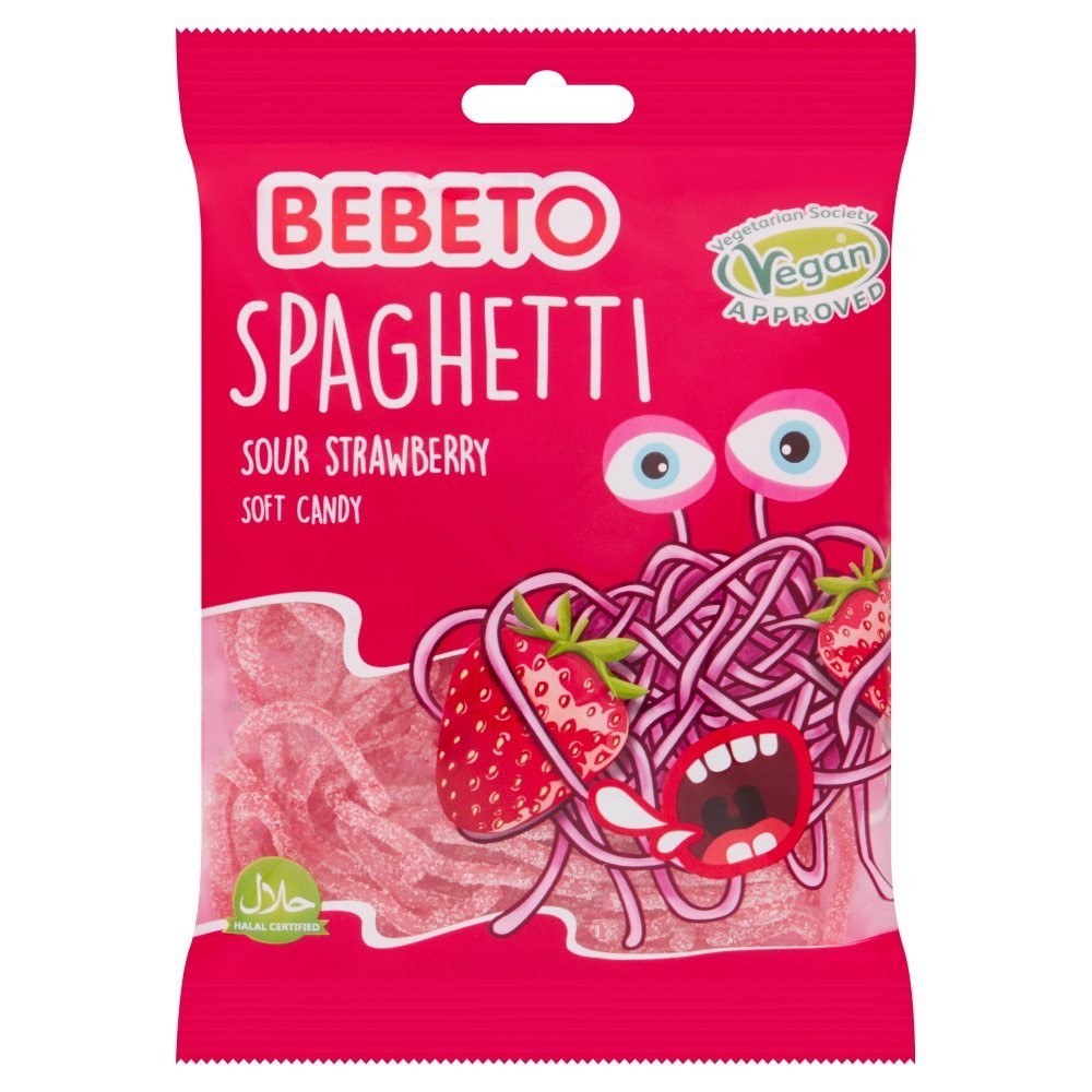 Bebeto Spaghetti Sour Strawberry Soft Candy 70g x 20 | Halal & Vegan
