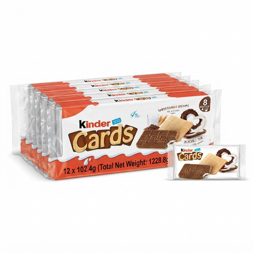 102.4g x 12 Kinder Cards Cocoa and Milk Wafers Biscuits Bulk Multipack Box Snack