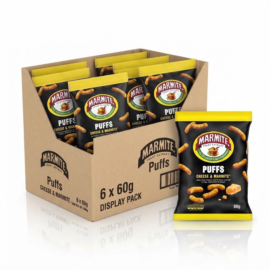Cheese & Marmite Puffs 60g x 18 | Full-Flavour Vegetarian Snacks