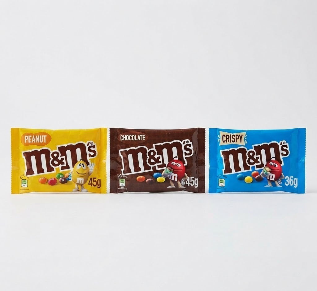 M&M's Chocolate Candy Bags Bulk Box - Peanut, Milk Chocolate, Crispy - x 24