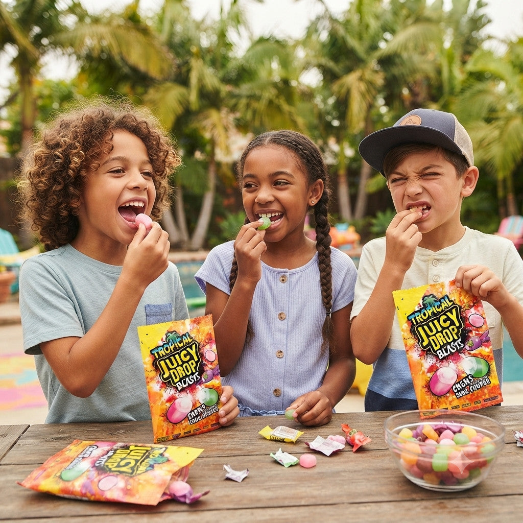 Juicy Drop Blasts Chews 120g x 12 | Sour Powder Filled Tropical Flavours
