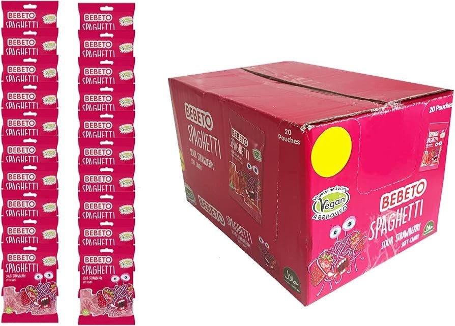 Bebeto Spaghetti Sour Strawberry Soft Candy 70g x 20 | Halal & Vegan