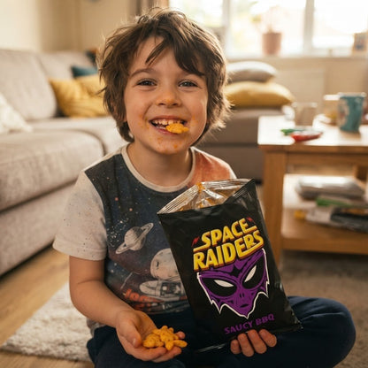 Space Raiders Saucy BBQ Crisps 70g x 20 | Baked Vegetarian Snacks