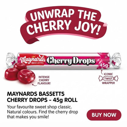 45g Maynards Bassetts Cherry Drops Sweets Roll Bulk Box Multipack British