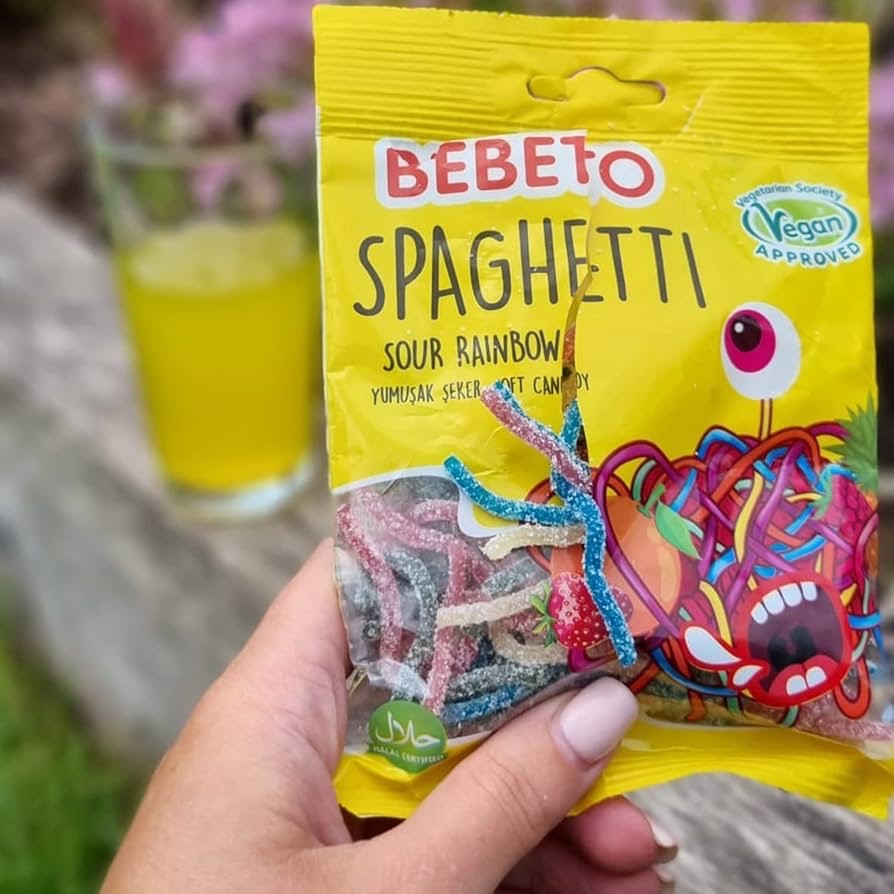 Bebeto Happy Laces Sour Rainbow Spaghetti 70g x 20 | Vegan Jelly Sweets