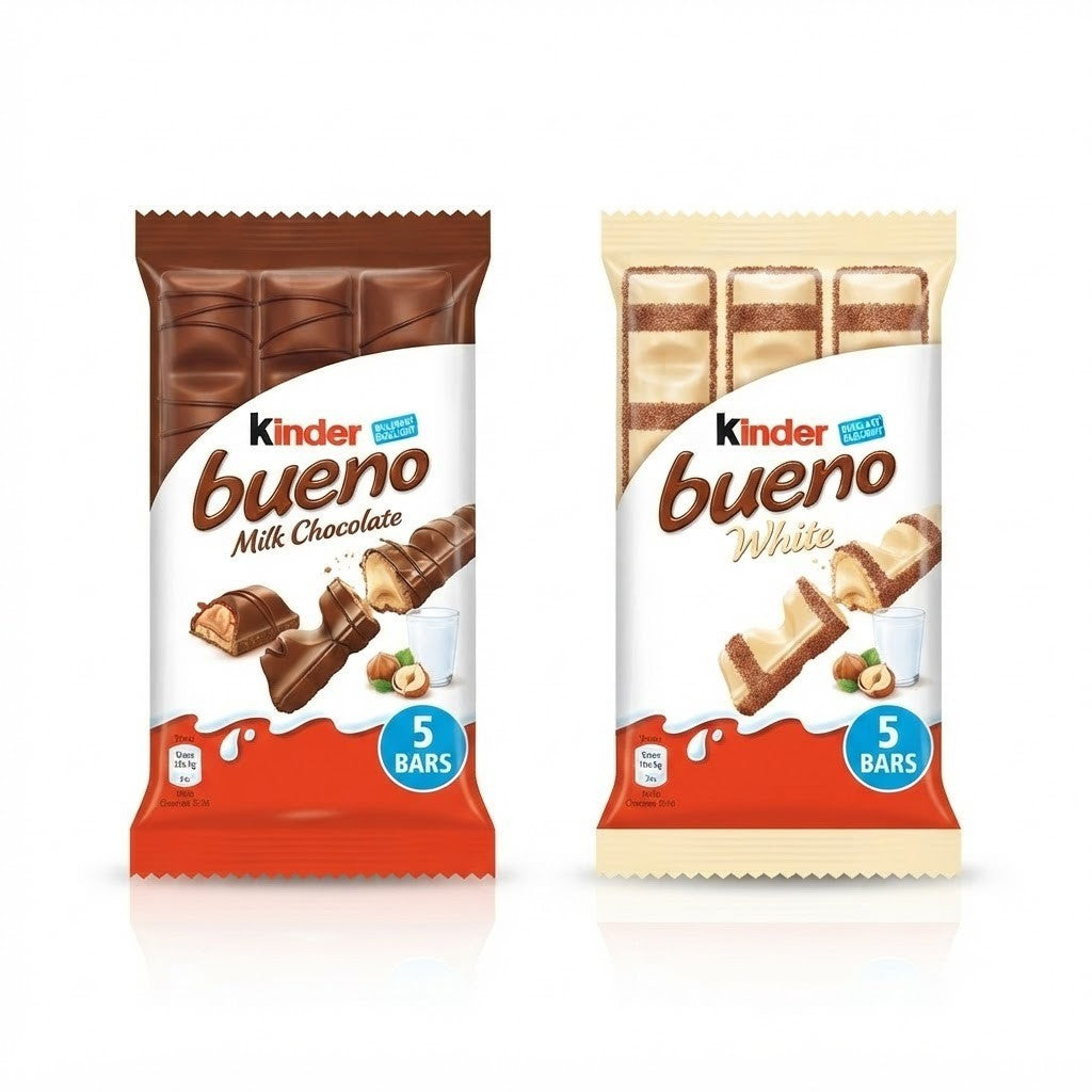 Kinder Bueno Milk & White Chocolate Bars Multipack Bulk Buy 5 Fingers x 9 Boxes
