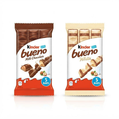 Kinder Bueno Milk & White Chocolate Bars Multipack Bulk Buy 5 Fingers x 9 Boxes
