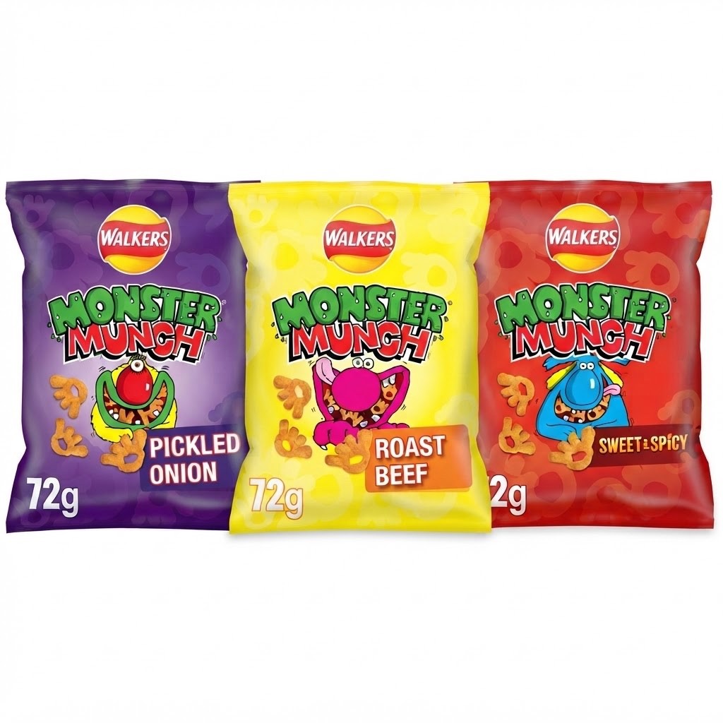 Walkers Monster Munch Crisps 72g x 18 | Pickled Onion, Flamin' Hot & Roast Beef