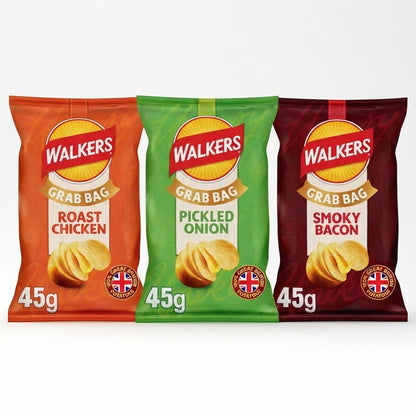 Walkers Grab Bag Crisps 45g x 32 | Pickled Onion, Roast Chicken or Smoky Bacon