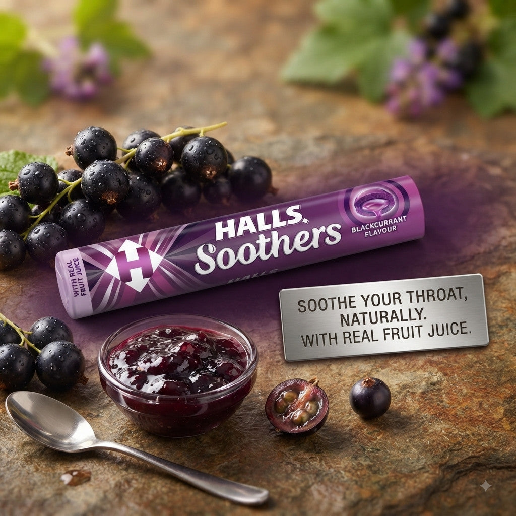 Halls Soothers Blackcurrant Lozenges 45g x 20 | Real Fruit Juice